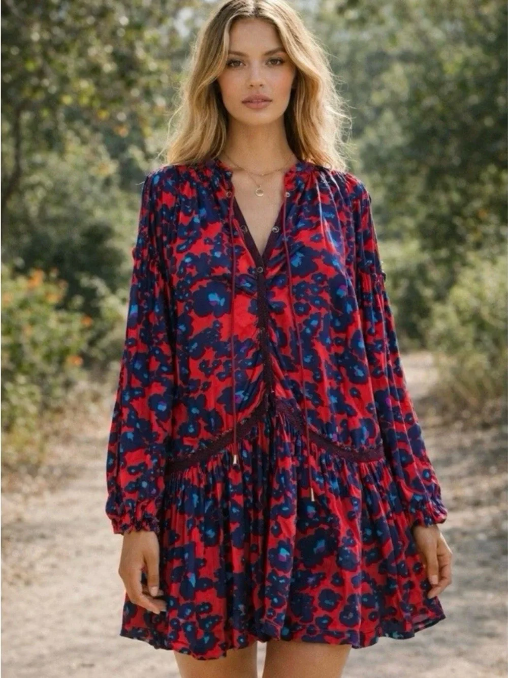 Free People Red & Blue Floral Peasant Mini Dress